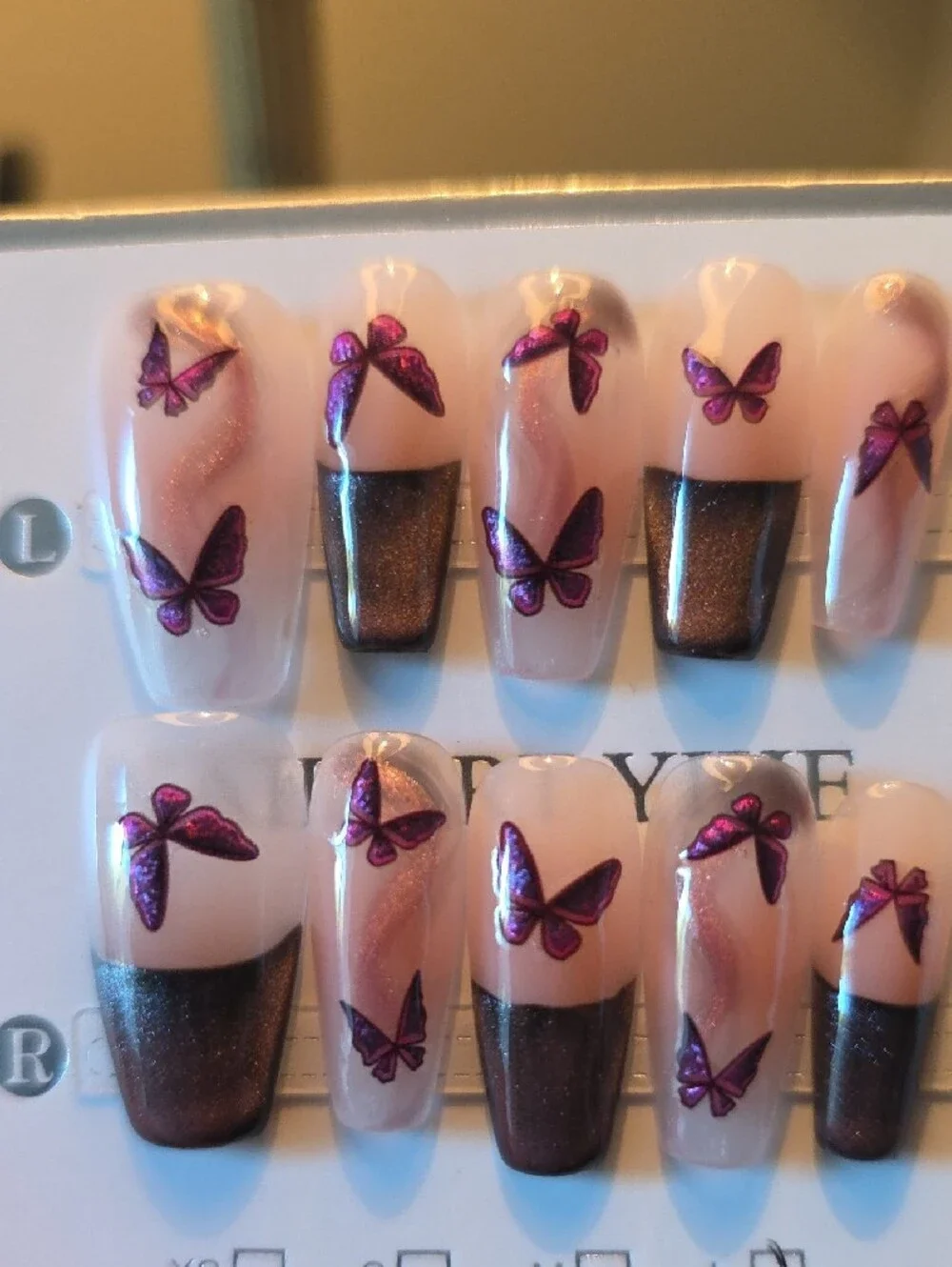 Purple Butterfly Press-On Nails - Nude & Purple Glitter French Tips Size Large